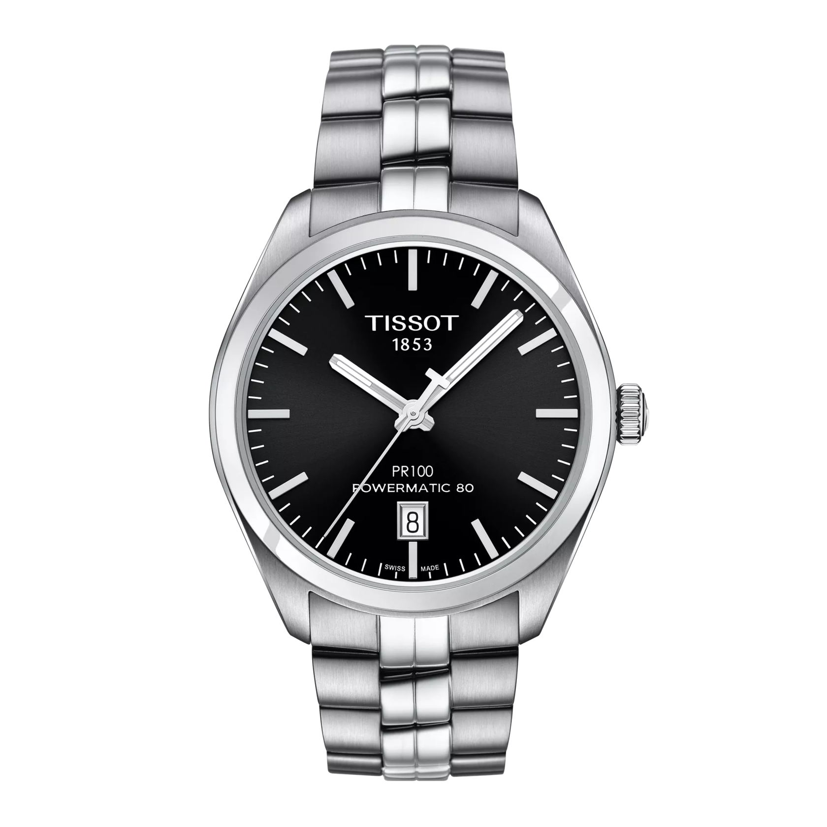 Front view of the watch Tissot PR 100 Powermatic 80