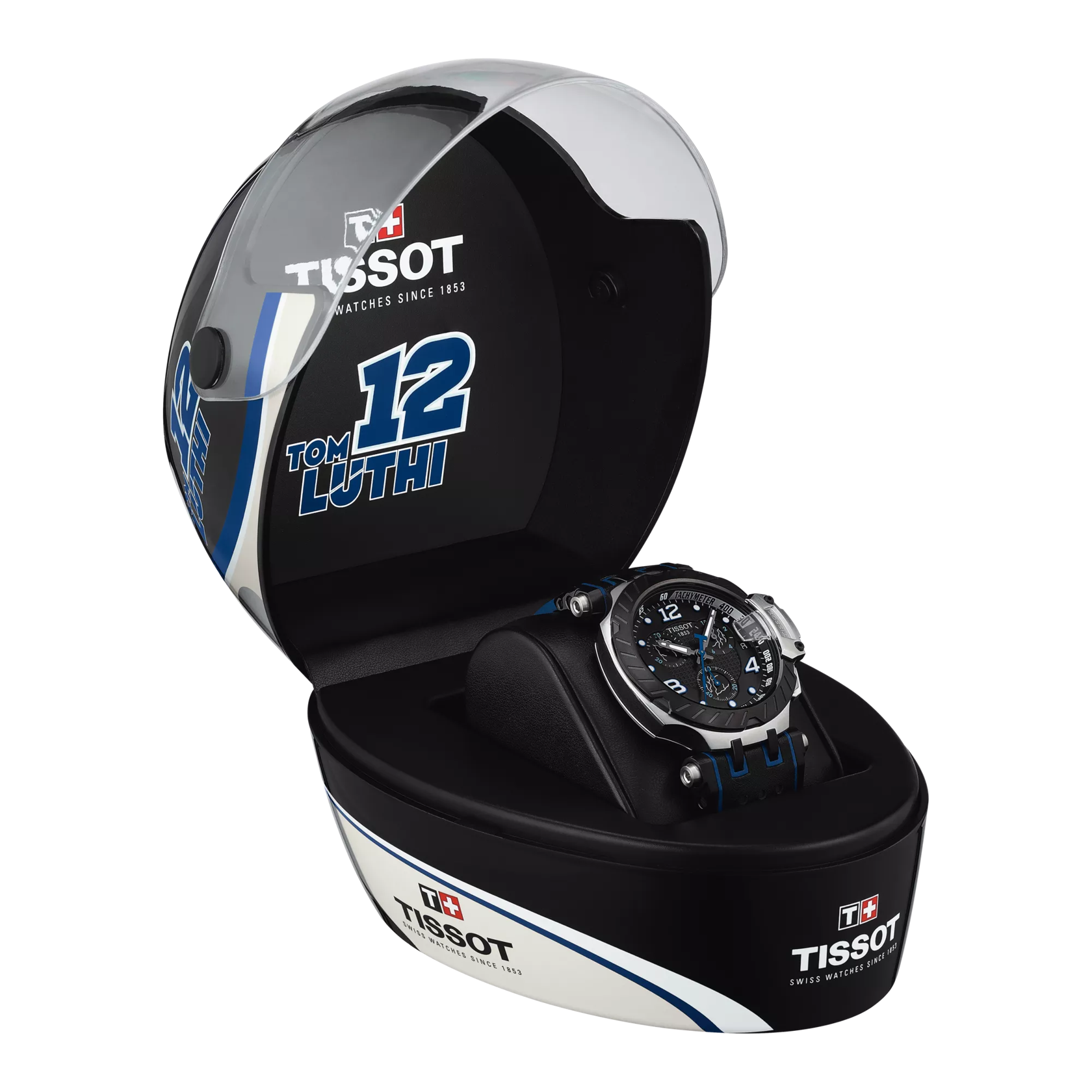 Front view of the watch Tissot T-Race Chronograph Thomas Lüthi Limited Edition with opened