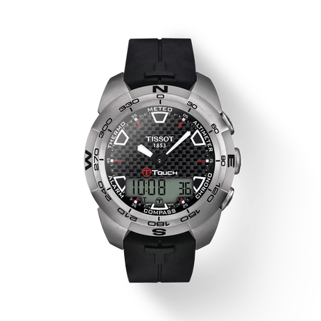 มุมมองด้านหน้าของนาฬิกา Tissot T-Touch Expert Titanium พร้อมเงา