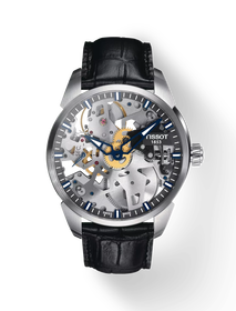 Front view of the watch Tissot T-Complication Squelette 43mm with shadow