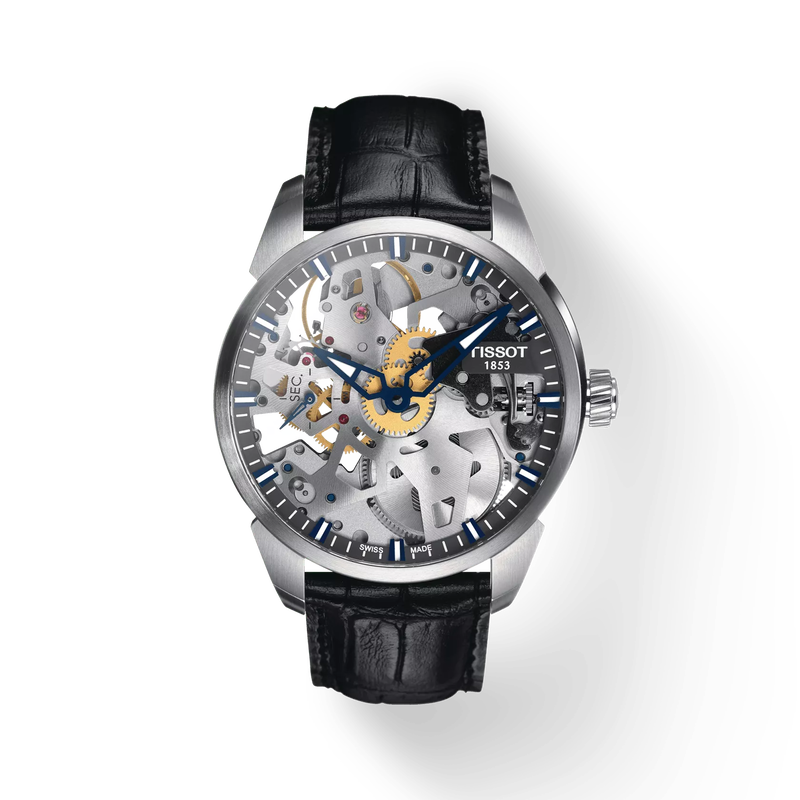 Front view of the watch Tissot T-Complication Squelette 43mm with shadow