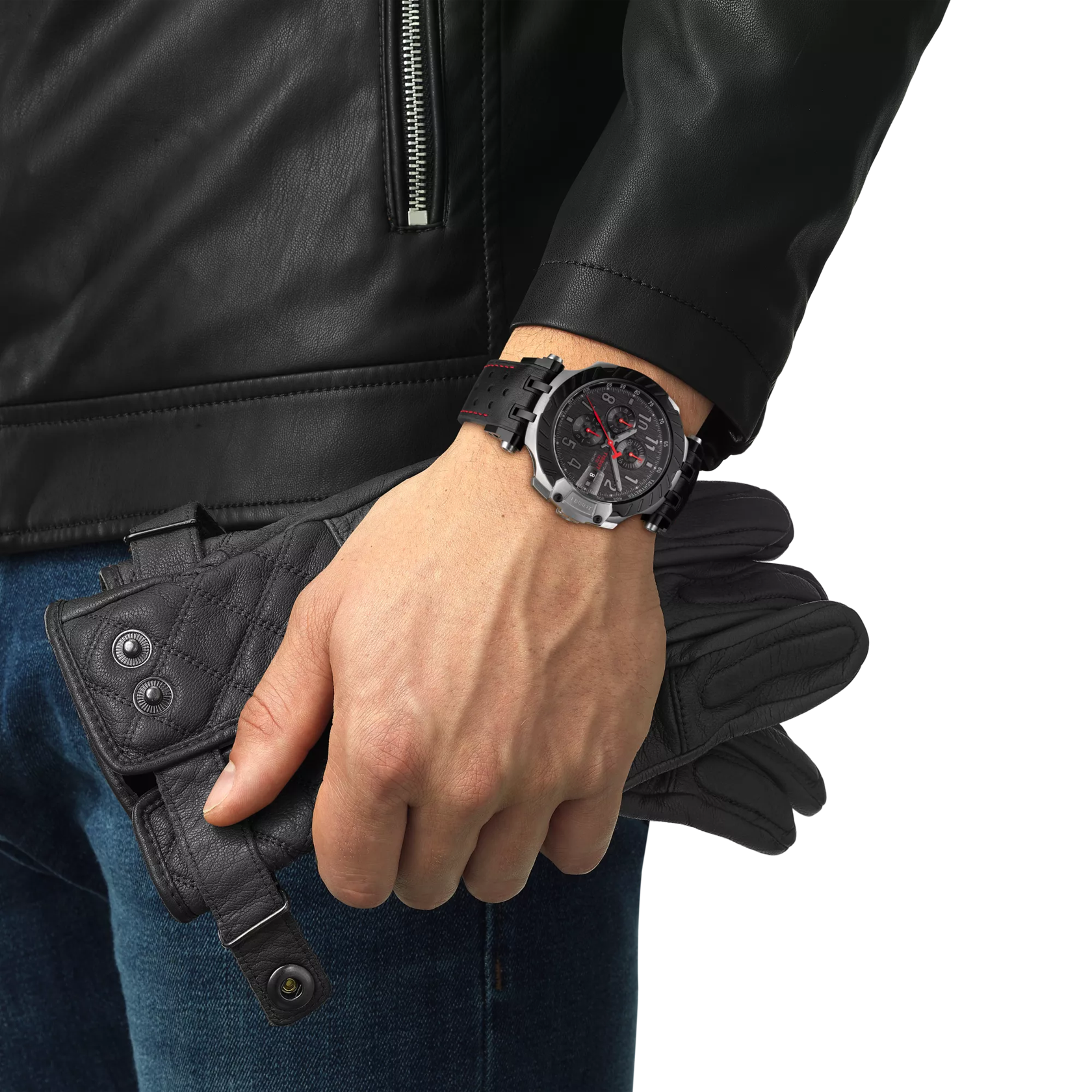 Simulation of the watch Tissot T-Race MotoGP Automatic Chronograph on a wrist