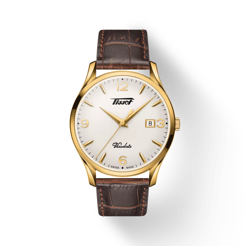 Vue de face de la montre Tissot Heritage Visodate avec ombre