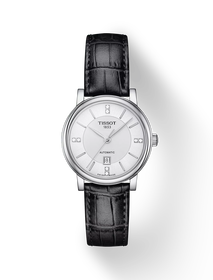 มุมมองด้านหน้าของนาฬิกา Tissot Carson Premium Lady Automatic พร้อมเงา