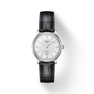 Front view of the watch Tissot Carson Premium Lady Automatic with shadow
