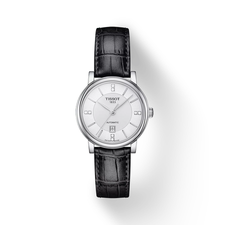 Front view of the watch Tissot Carson Premium Lady Automatic with shadow