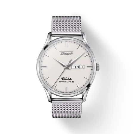 Front view of the watch Tissot Heritage Visodate Powermatic 80 with shadow