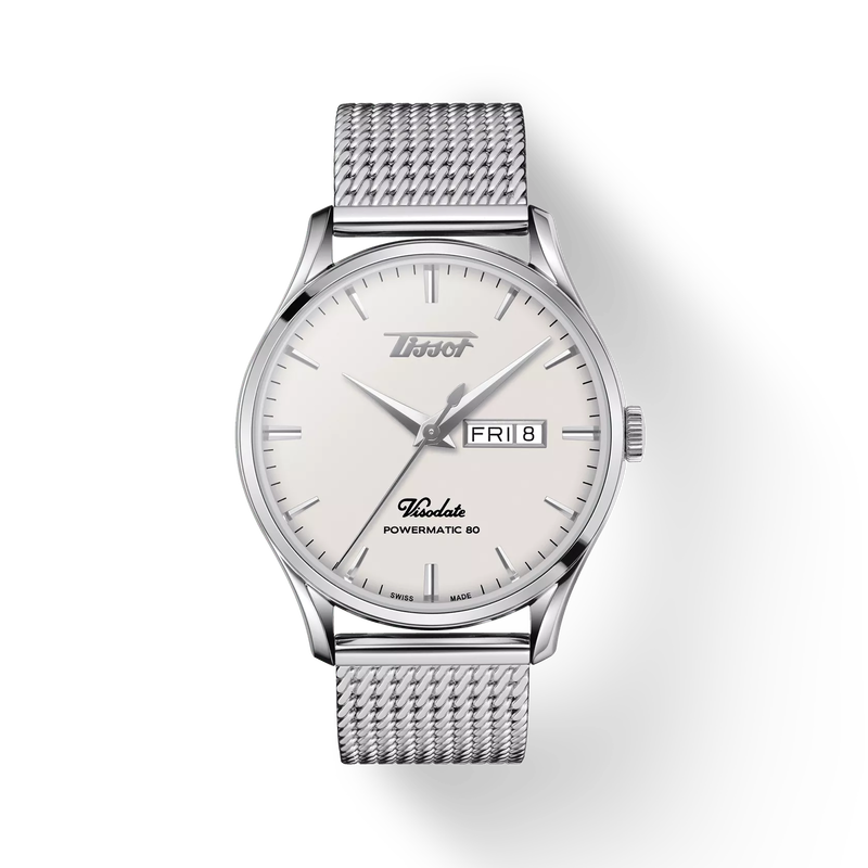 Front view of the watch Tissot Heritage Visodate Powermatic 80 with shadow