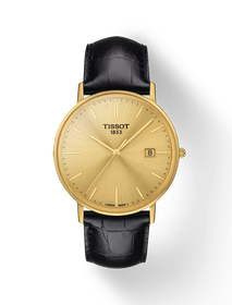 Front view of the watch Tissot Goldrun Gold 38mm with shadow