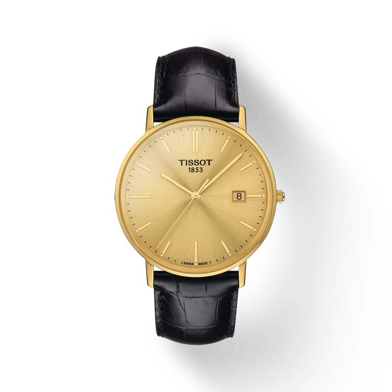 Front view of the watch Tissot Goldrun Gold 38mm with shadow