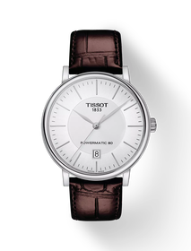Front view of the watch Tissot Carson Premium Powermatic 80 with shadow