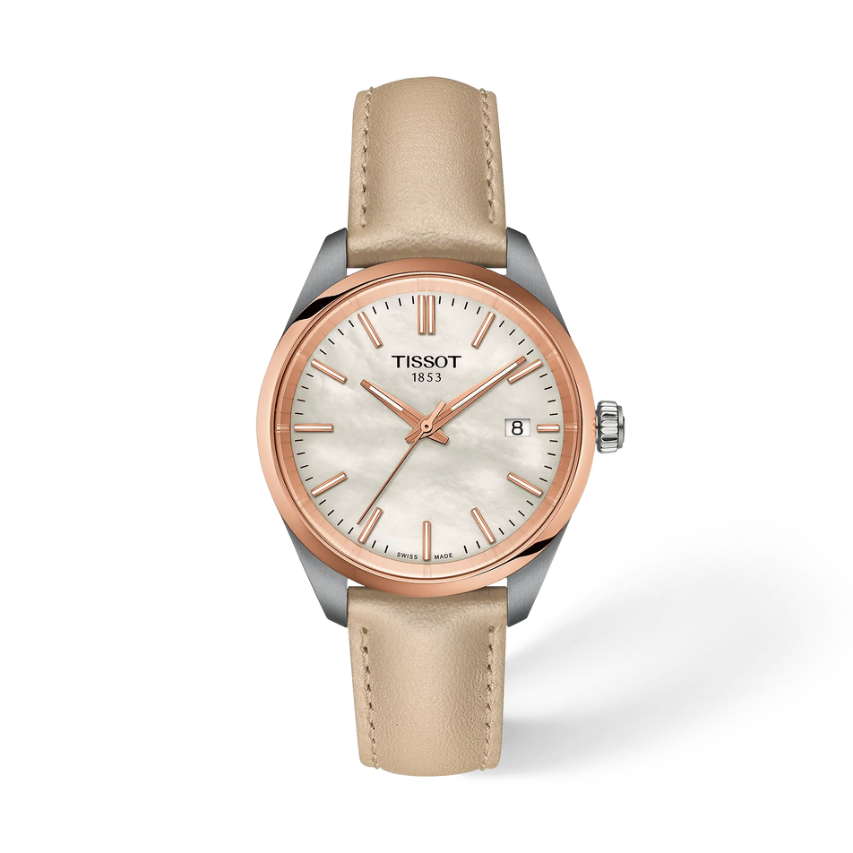Front view of the watch Tissot PR 100 34mm with shadow