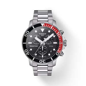 มุมมองด้านหน้าของนาฬิกา Tissot Seastar 1000 Chronograph พร้อมเงา