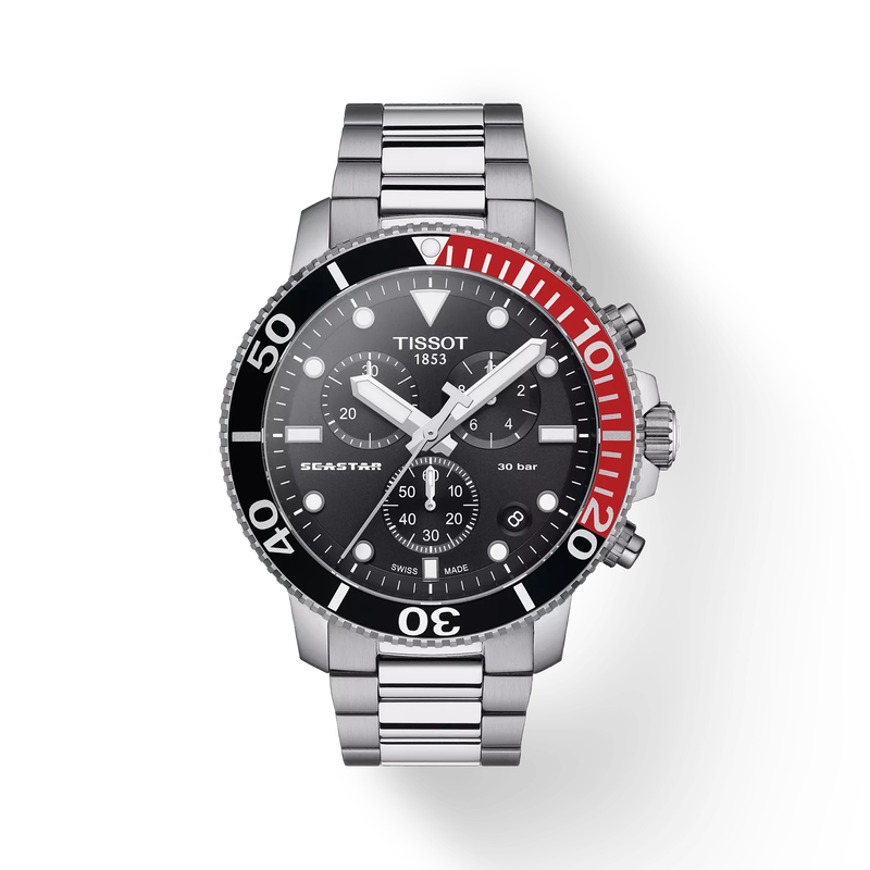 Front view of the watch Tissot Seastar 1000 Chronograph with shadow