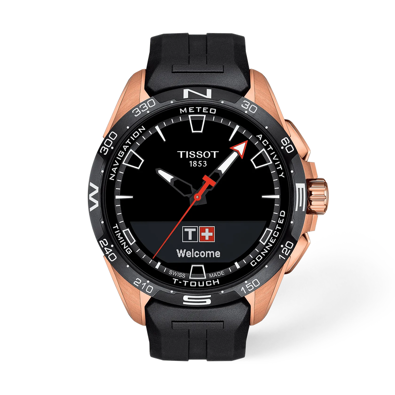 Vue de face de la montre Tissot T-Touch Connect Solar 47.5mm avec ombre