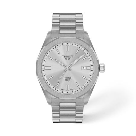 Vooraanzicht van het horloge Tissot PRC 100 Solar 39mm met schaduw