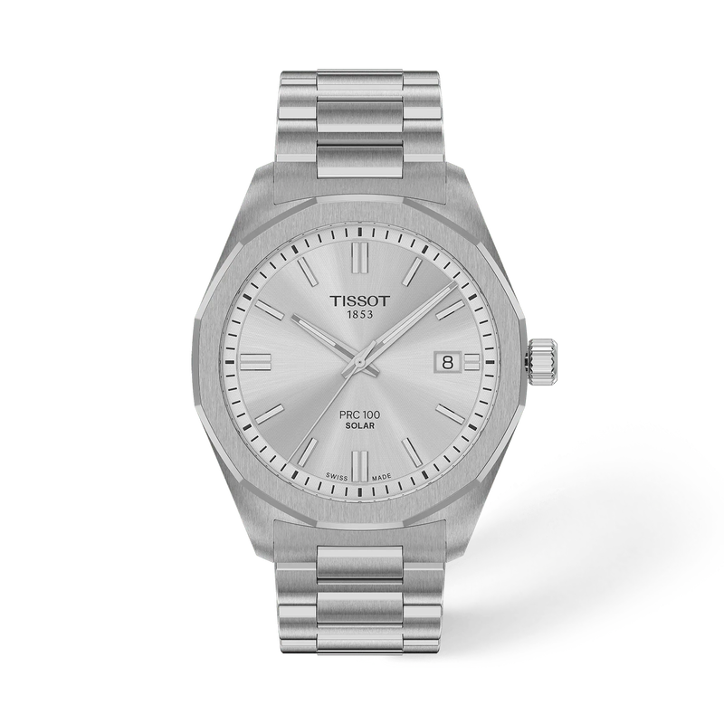 Vue de face de la montre Tissot PRC 100 Solar 39mm avec ombre