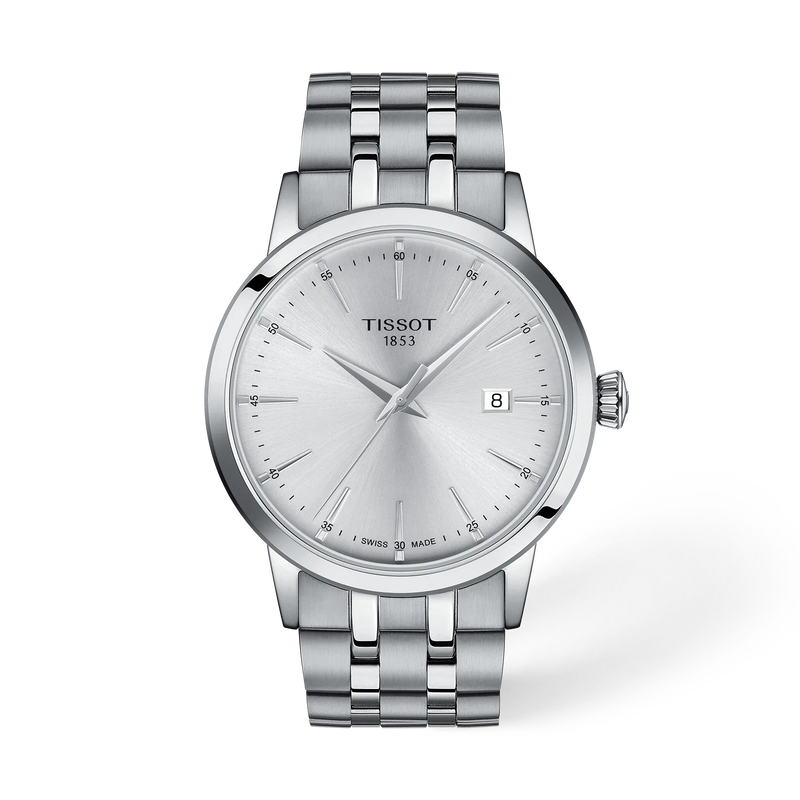 Front view of the watch Tissot Classic Dream 42mm with shadow