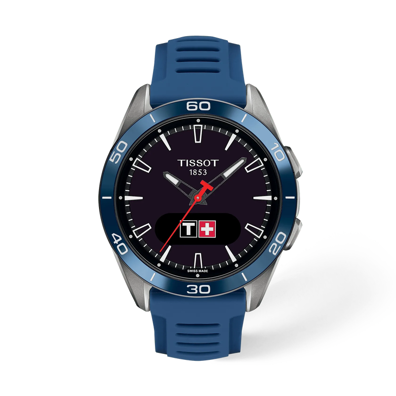 Vue de face de la montre Tissot T-Touch Connect Sport 43.75mm avec ombre