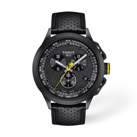 Front view of the watch Tissot T-Race Cycling Tour de France  2022 Special Edition with shadow