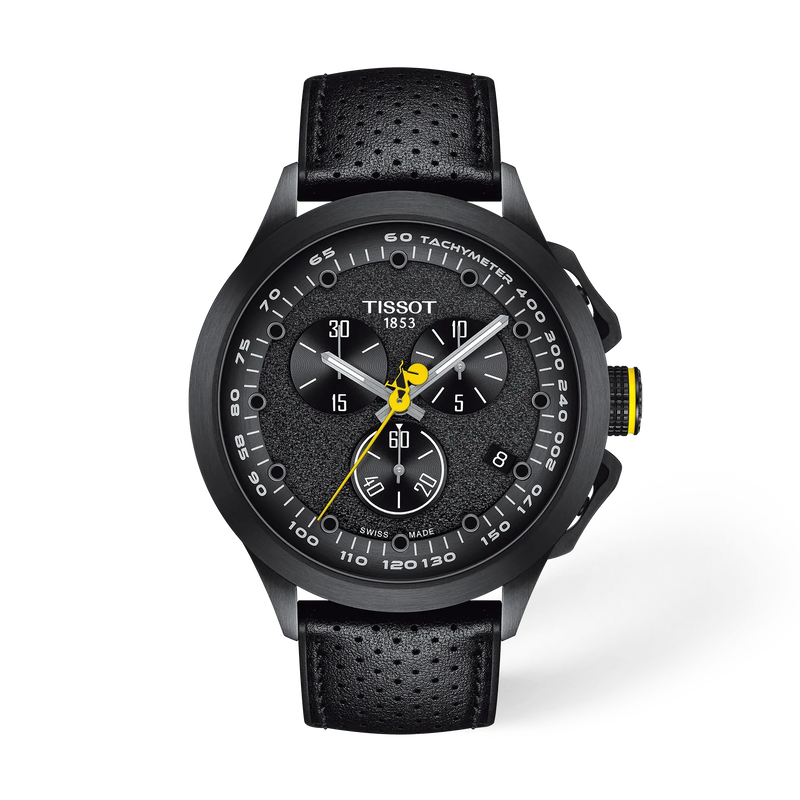 Front view of the watch Tissot T-Race Cycling Tour de France  2022 Special Edition with shadow