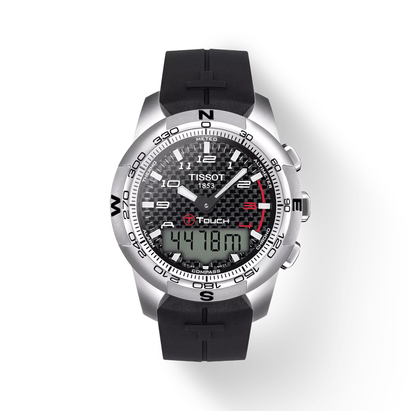 มุมมองด้านหน้าของนาฬิกา Tissot T-Touch II Titanium พร้อมเงา