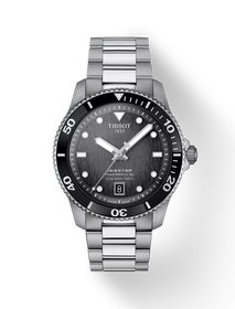มุมมองด้านหน้าของนาฬิกา Tissot Seastar 1000 40mm พร้อมเงา