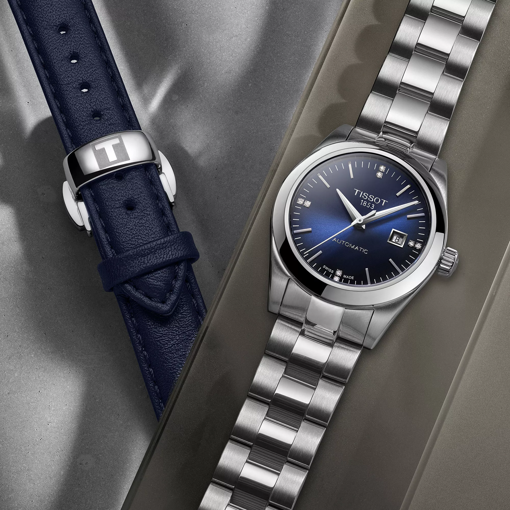 Tissot T-My Lady Automatic watch on a colored background