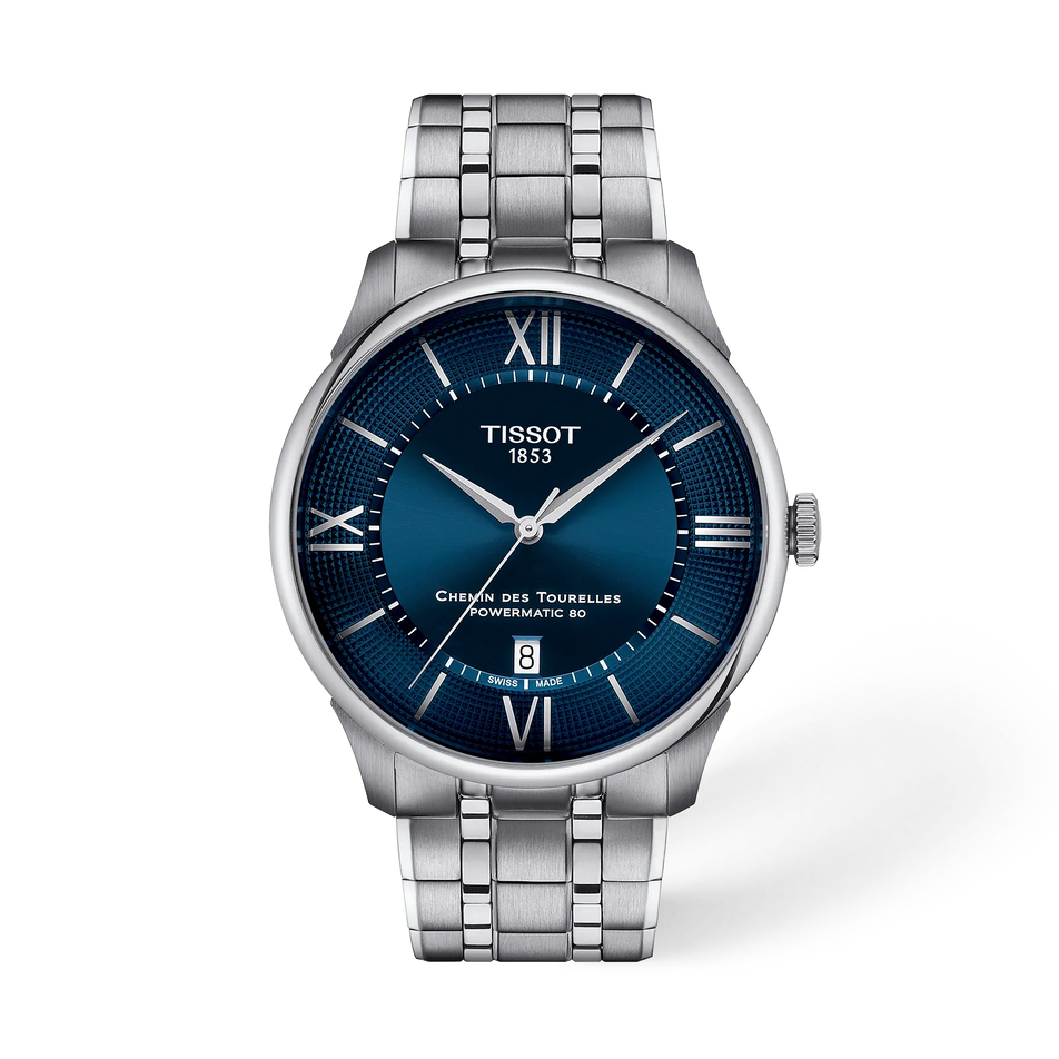 Front view of the watch Tissot Chemin Des Tourelles 42mm with shadow