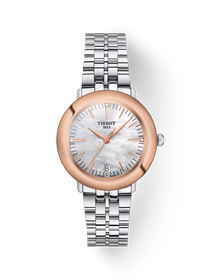 Front view of the watch Tissot Glendora Gold 33mm with shadow