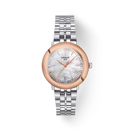 Front view of the watch Tissot Glendora Gold 33mm with shadow