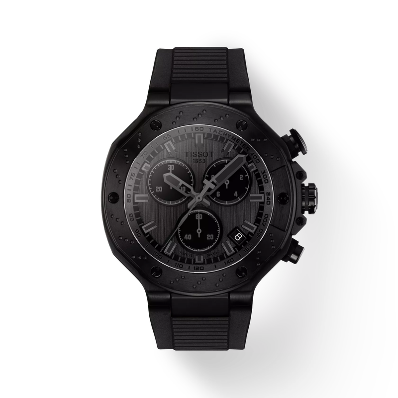 그림자가 있는 티쏘 T-레이스 쿼츠 크로노그래프 시계의 전면 보기