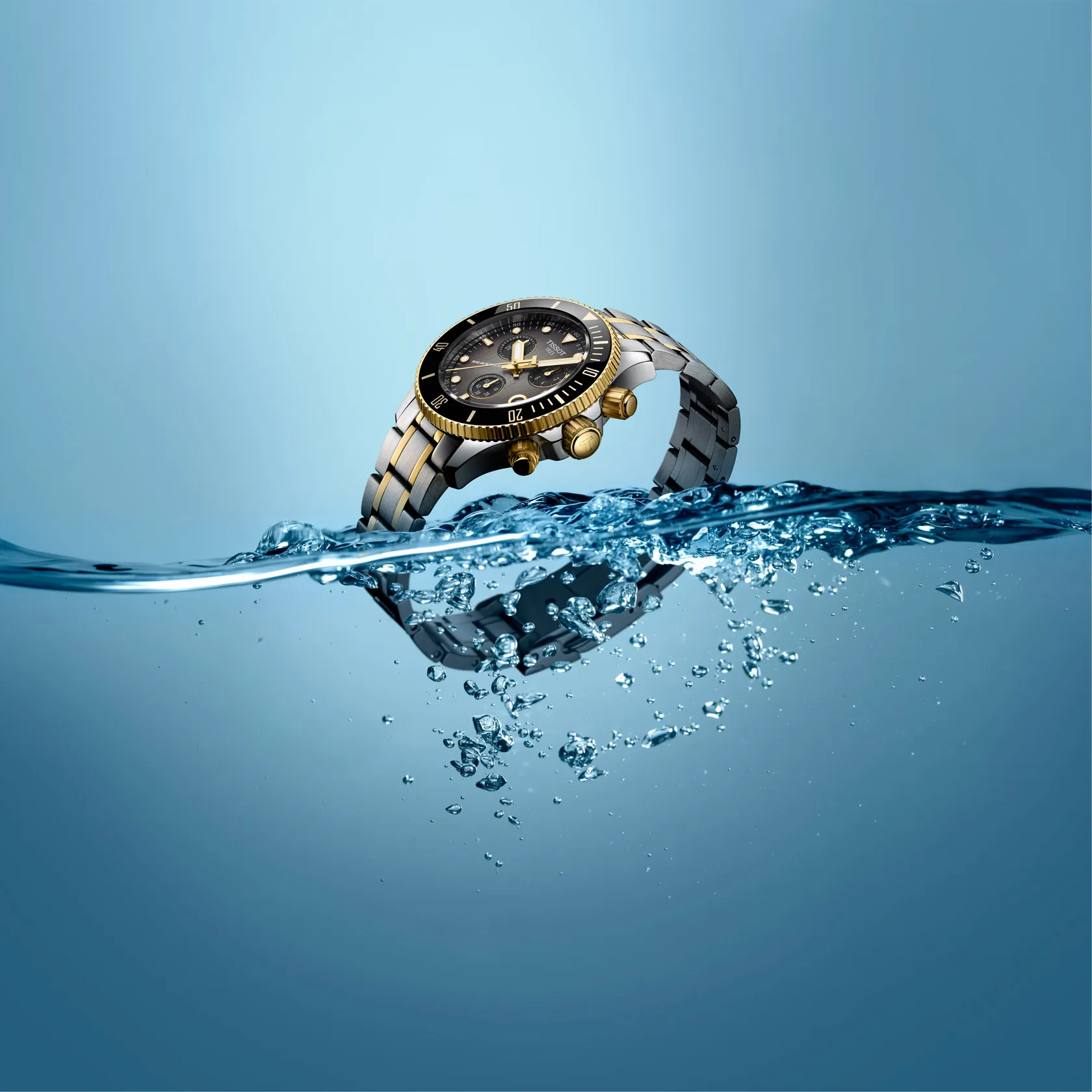 Tissot Seastar 1000 38mm watch on a colored background