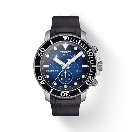Front view of the watch Tissot Seastar 1000 45.5mm with shadow