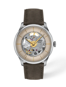 Vista frontal del reloj Tissot Chemin Des Tourelles Skeleton 39mm con sombra