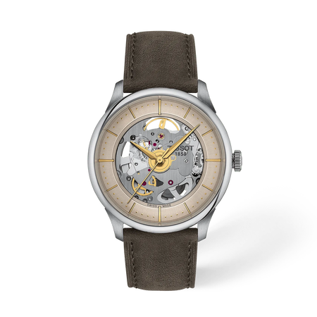 Front view of the watch Tissot Chemin Des Tourelles Skeleton 39mm with shadow