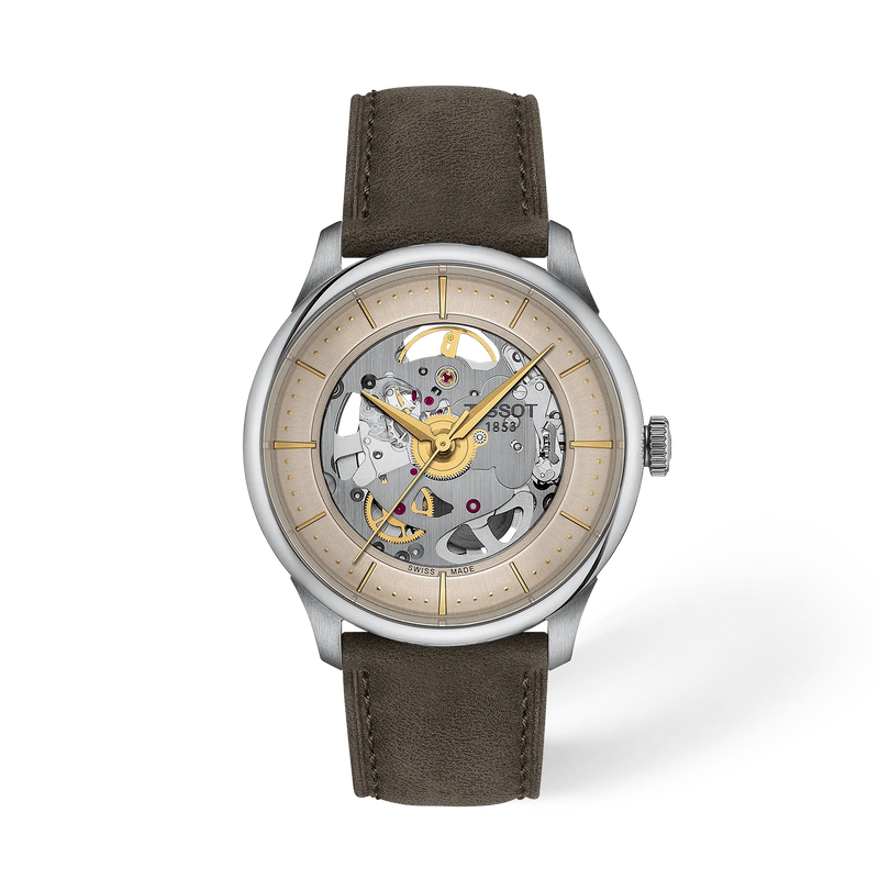 Front view of the watch Tissot Chemin Des Tourelles Skeleton 39mm with shadow