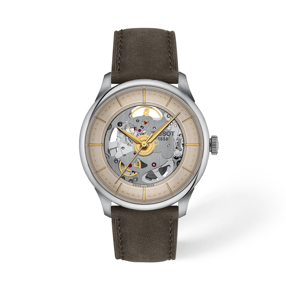 Vorderansicht der Uhr Tissot Chemin Des Tourelles Skeleton 39mm mit Schatten