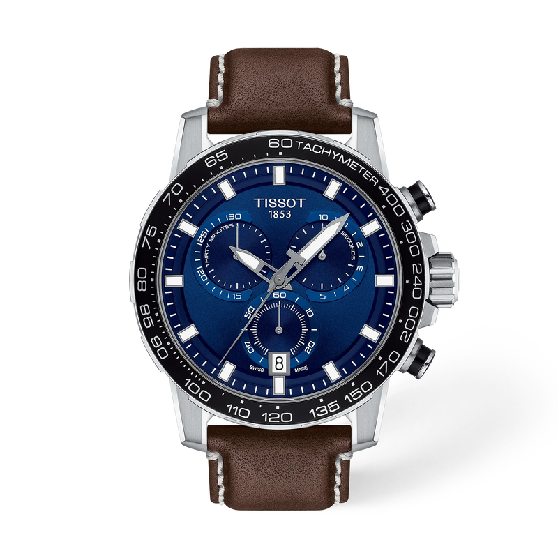 Front view of the watch Tissot Supersport Chrono 45.5mm with shadow