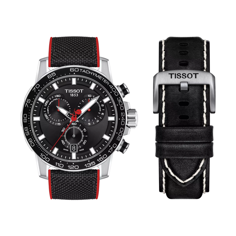 Front view of the watch Tissot Supersport Chrono Vuelta Special Edition with additional bracelet