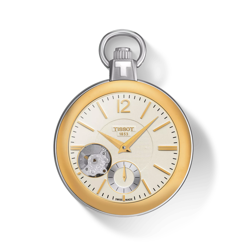 Vue de face de la montre Tissot Pocket Mechanical Skeleton avec ombre