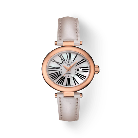 Front view of the watch Tissot Glamorous Lady Automatic 18K Gold with shadow