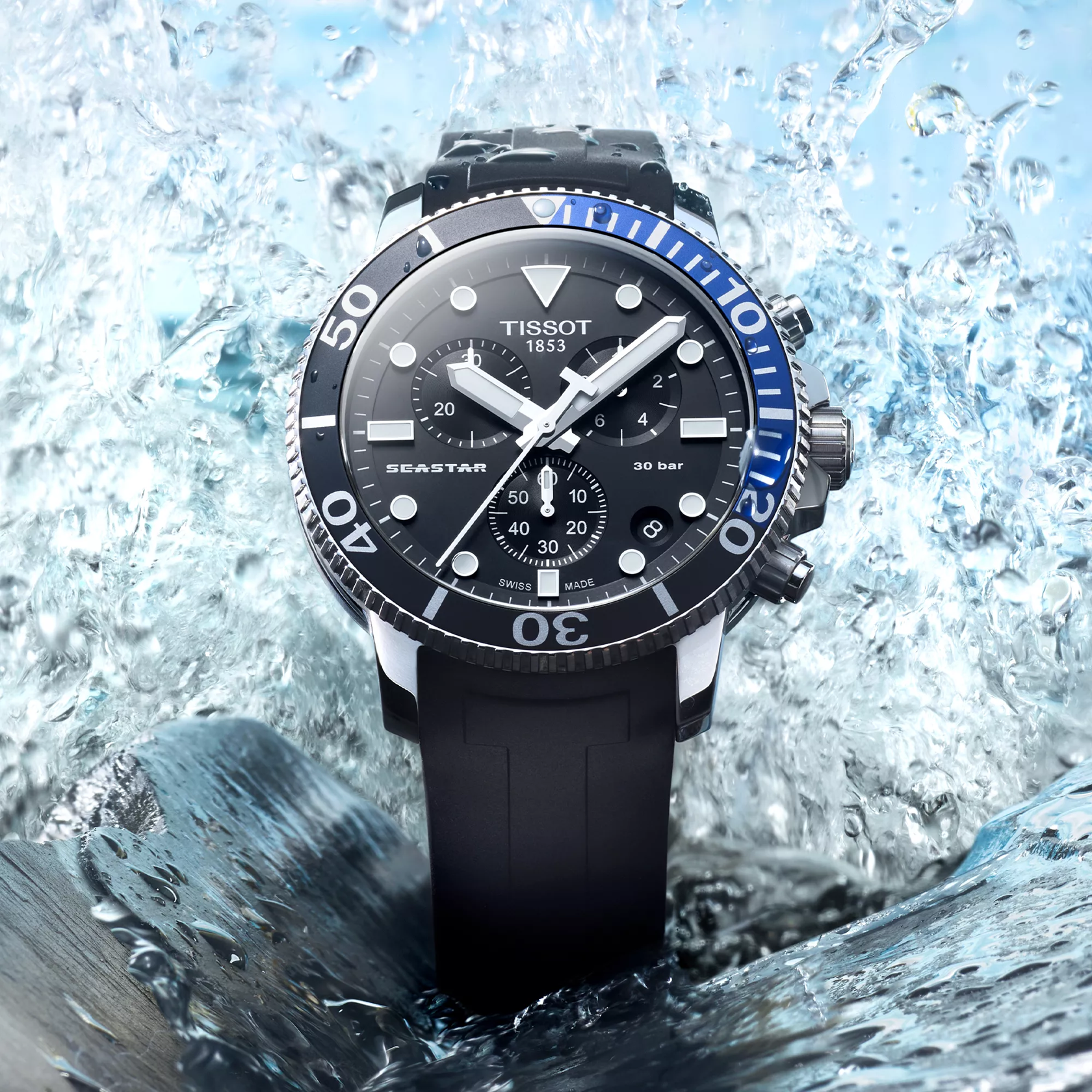 Tissot Seastar 1000 Quartz Chronograph watch on a colored background