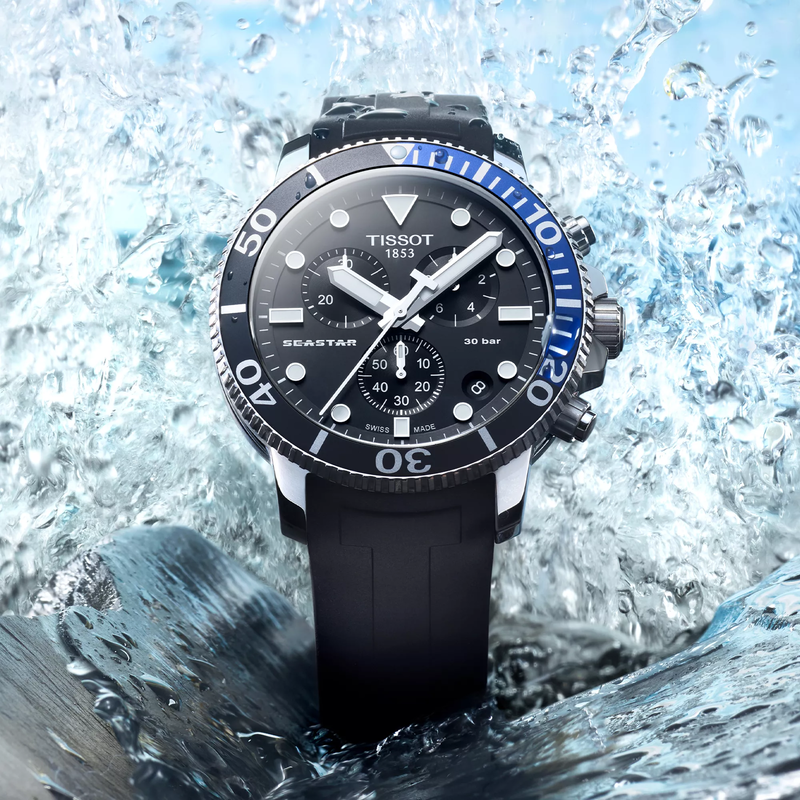 Tissot Seastar 1000 Quartz Chronograph watch on a colored background