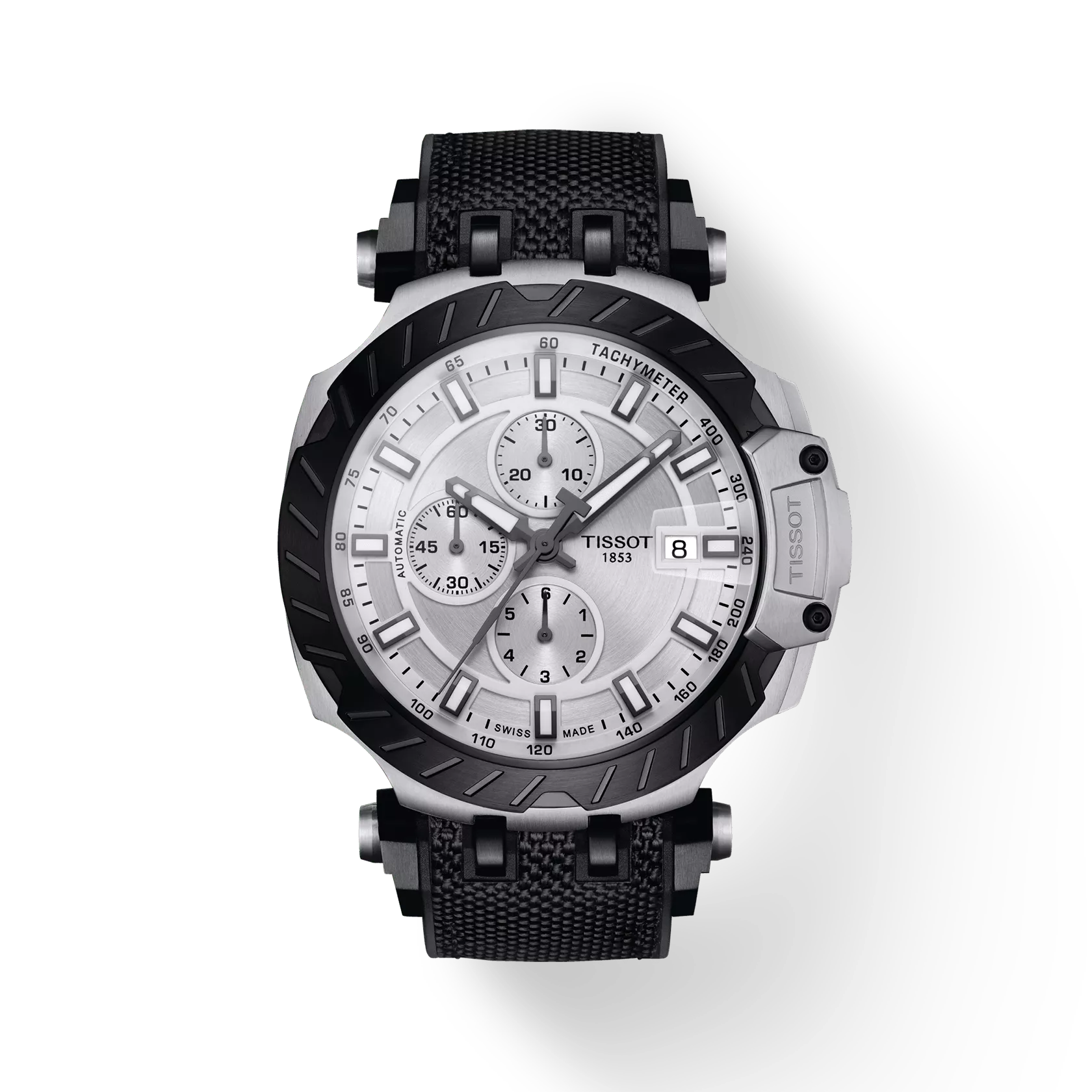 Front view of the watch Tissot T-Race Automatic Chronograph with shadow