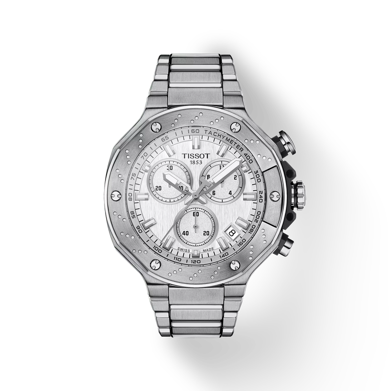 Front view of the watch Tissot T-Race 45mm with shadow