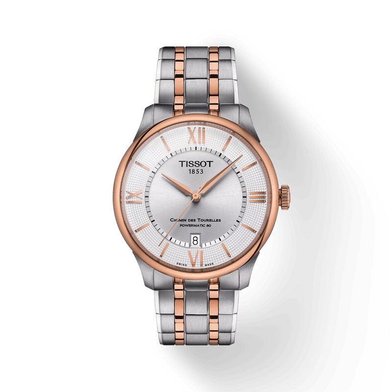 Front view of the watch Tissot Chemin des Tourelles Powermatic 80 39 mm with shadow