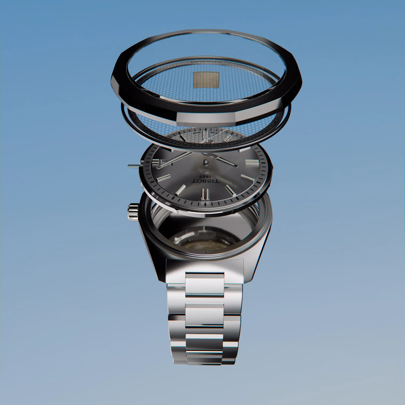 Tissot PRC 100 Solar 39mm watch on a colored background