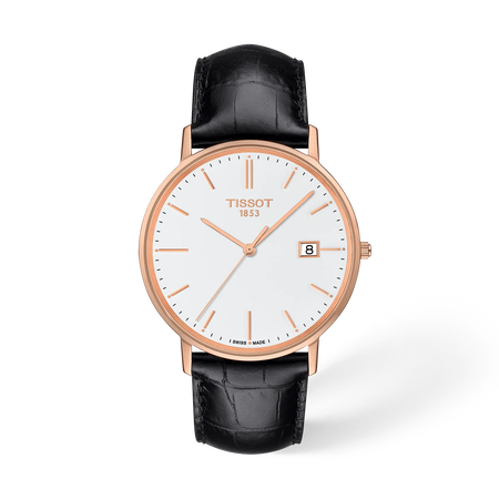 Front view of the watch Tissot Goldrun Gold 38mm with shadow