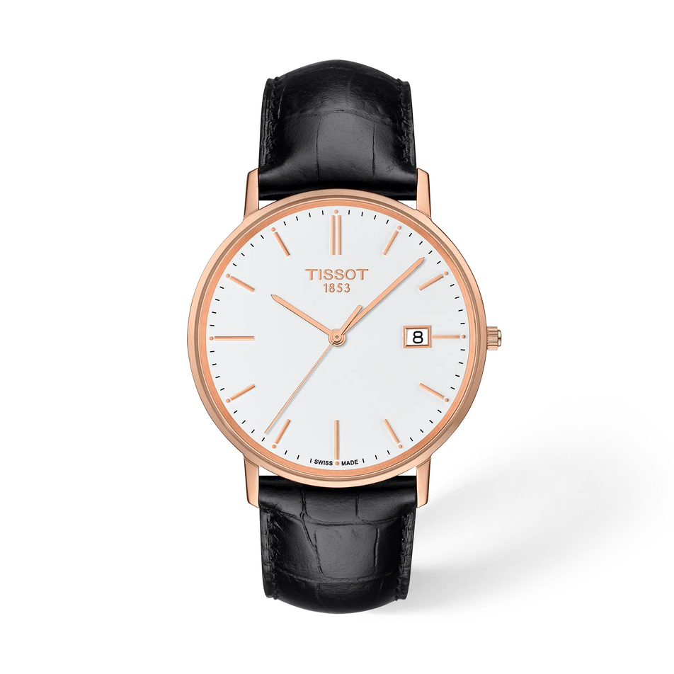 Front view of the watch Tissot Goldrun Gold 38mm with shadow